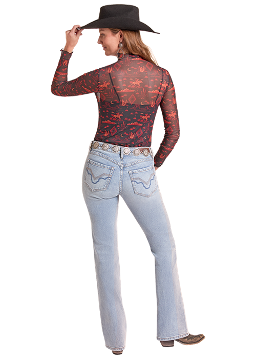 Rock & Roll Western Desert Print Mesh Top BW22T09362