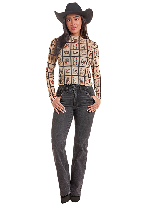 Rock & Roll Cowgirl Playing Cards Mesh Top BW22T09989