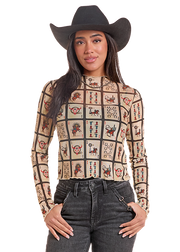 Rock & Roll Cowgirl Playing Cards Mesh Top BW22T09989