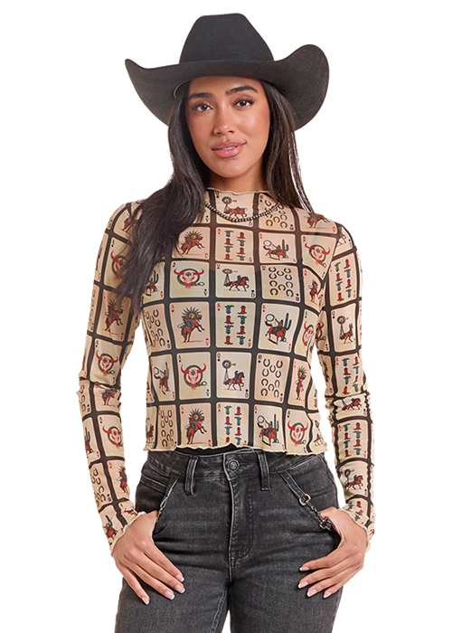 Rock & Roll Cowgirl Playing Cards Mesh Top BW22T09989
