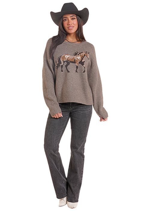 Rock & Roll Women's Heathered Horse Sweater BW32T09971