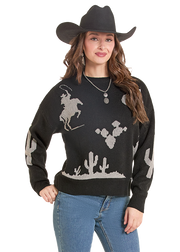 Rock & Roll Cowgirl Women's Black Western Motif Sweater BW32T09993