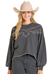 Rock & Roll Cowgirl Black Embroidered Sweatshirt BW91T06995