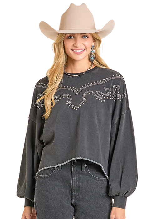 Rock & Roll Cowgirl Black Embroidered Sweatshirt BW91T06995