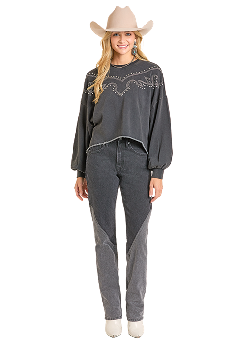 Rock & Roll Cowgirl Black Embroidered Sweatshirt BW91T06995