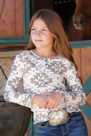 Cruel Girl's Cream and Brown Southwest Henley CTK8890002