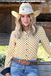 Cruel Girl Women's Golden Checkered Long Sleeve Shirt CTW7529002