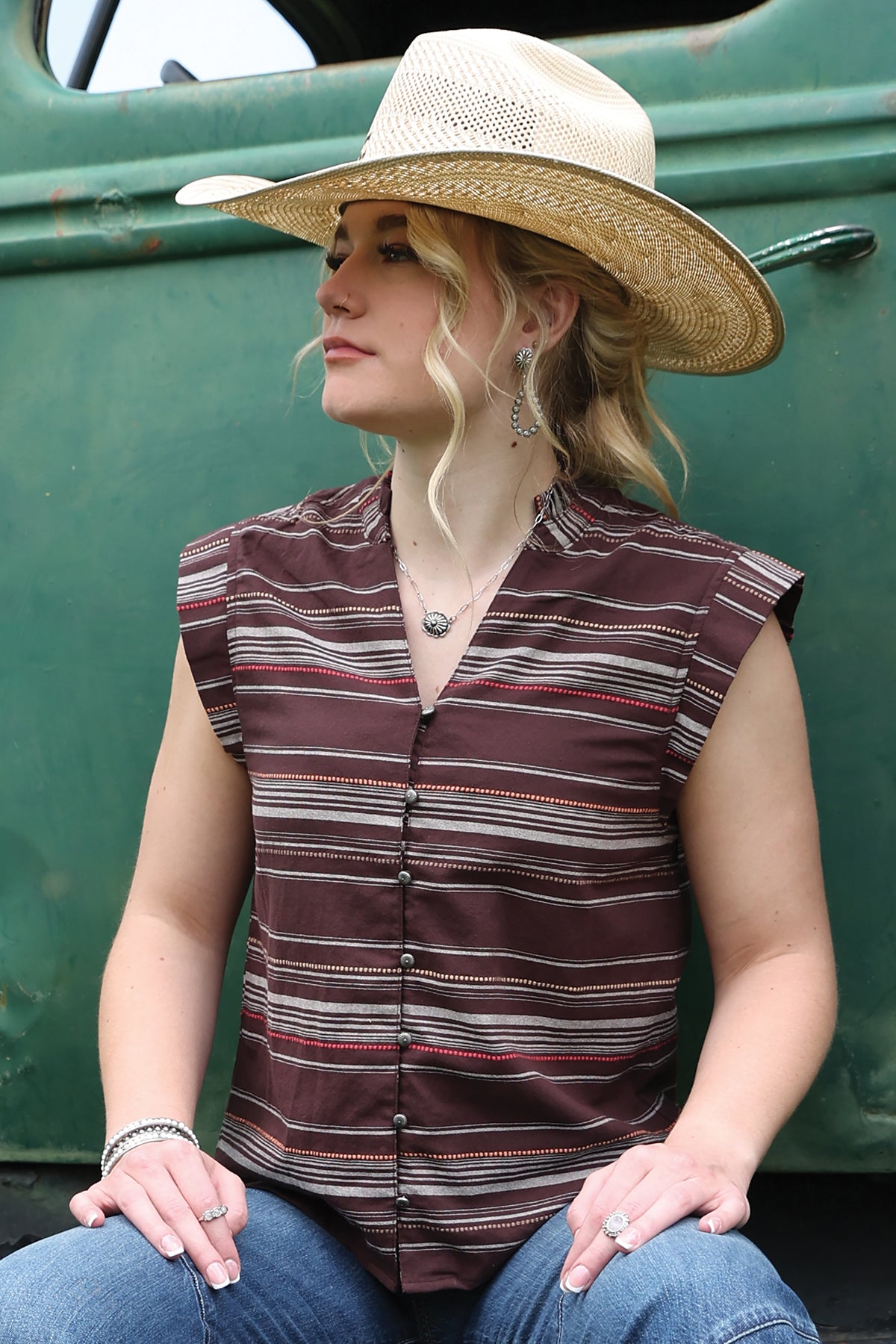 Cruel Girl Women's Brown Striped Button Tank Top CTW7538001