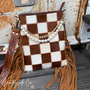 Countryside Whiskey Checkered Cowhide Fringe Purse