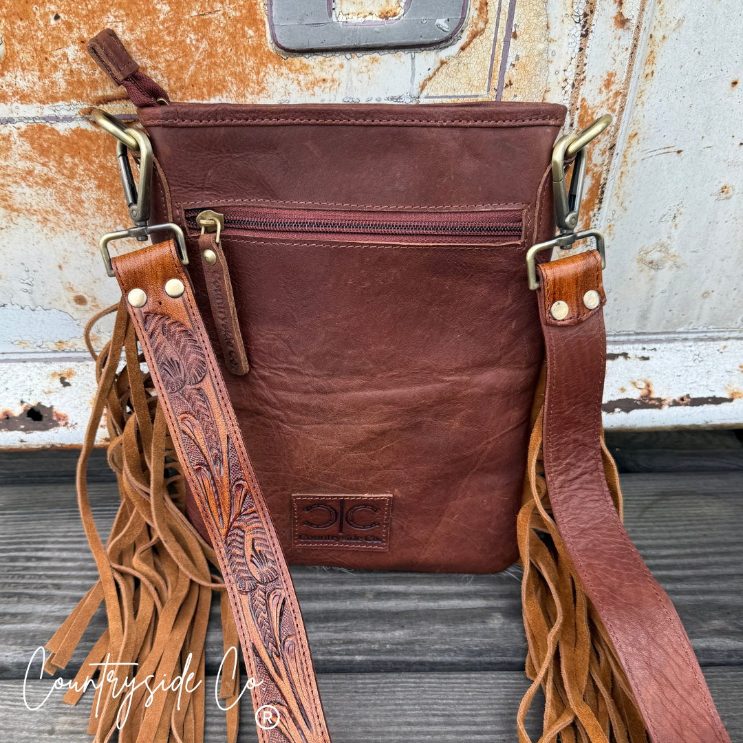 Countryside Whiskey Checkered Cowhide Fringe Purse