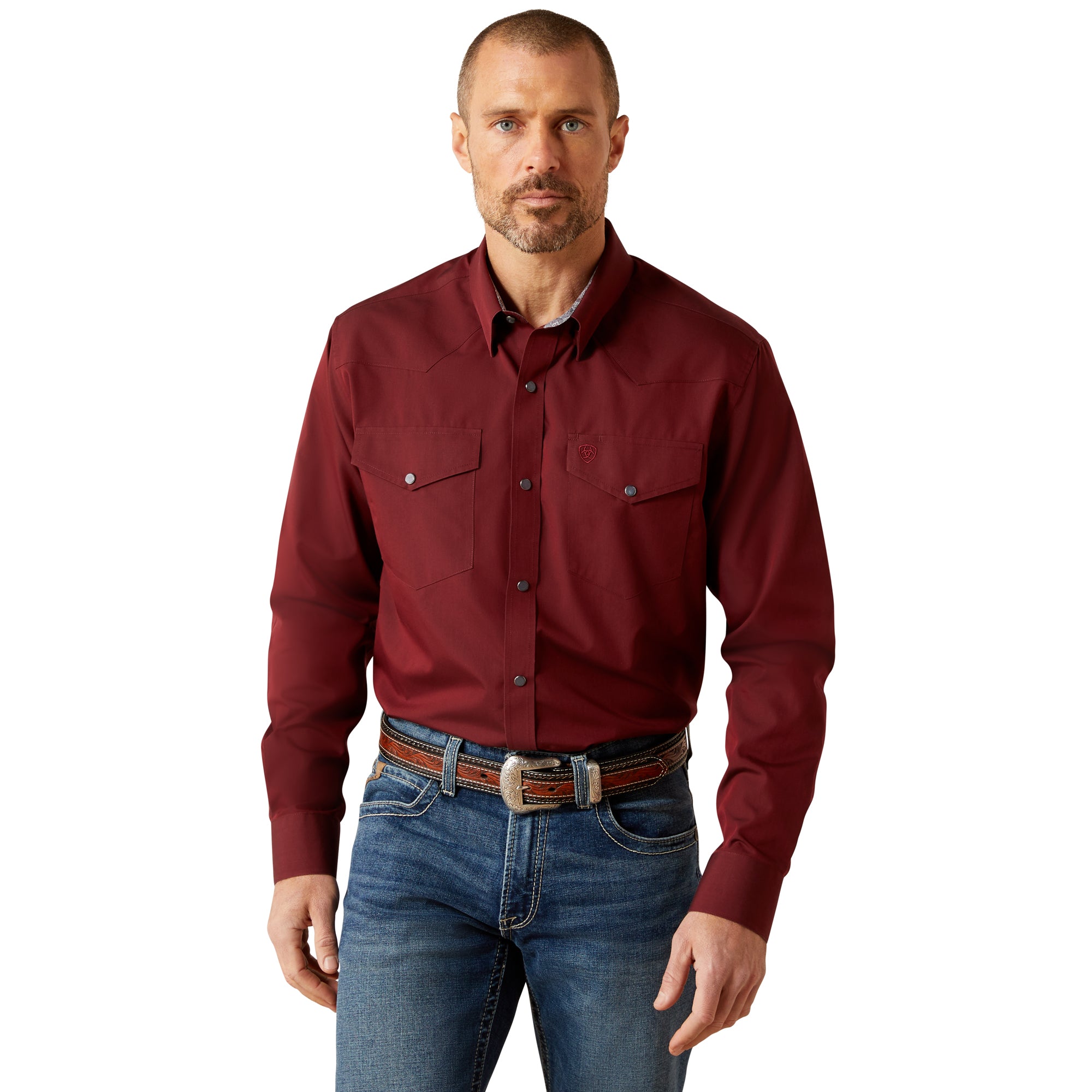 Ariat Men's Burgundy Wrinkle Free Pinpoint Oxford Fitted Snap Front Shirt 10065913