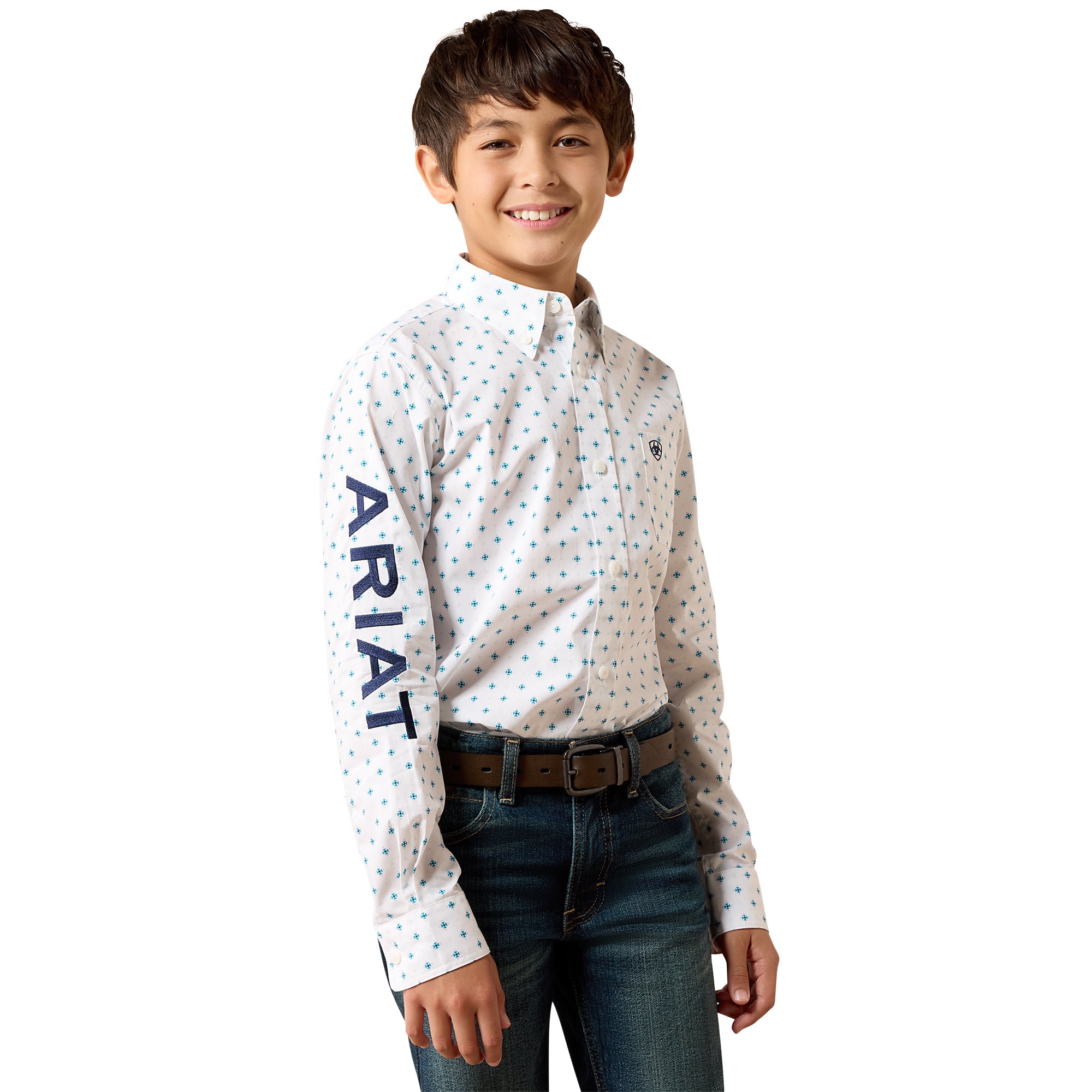 Ariat Boy's White Geo Print Team Emory Classic Fit Button Down Shirt 10079414