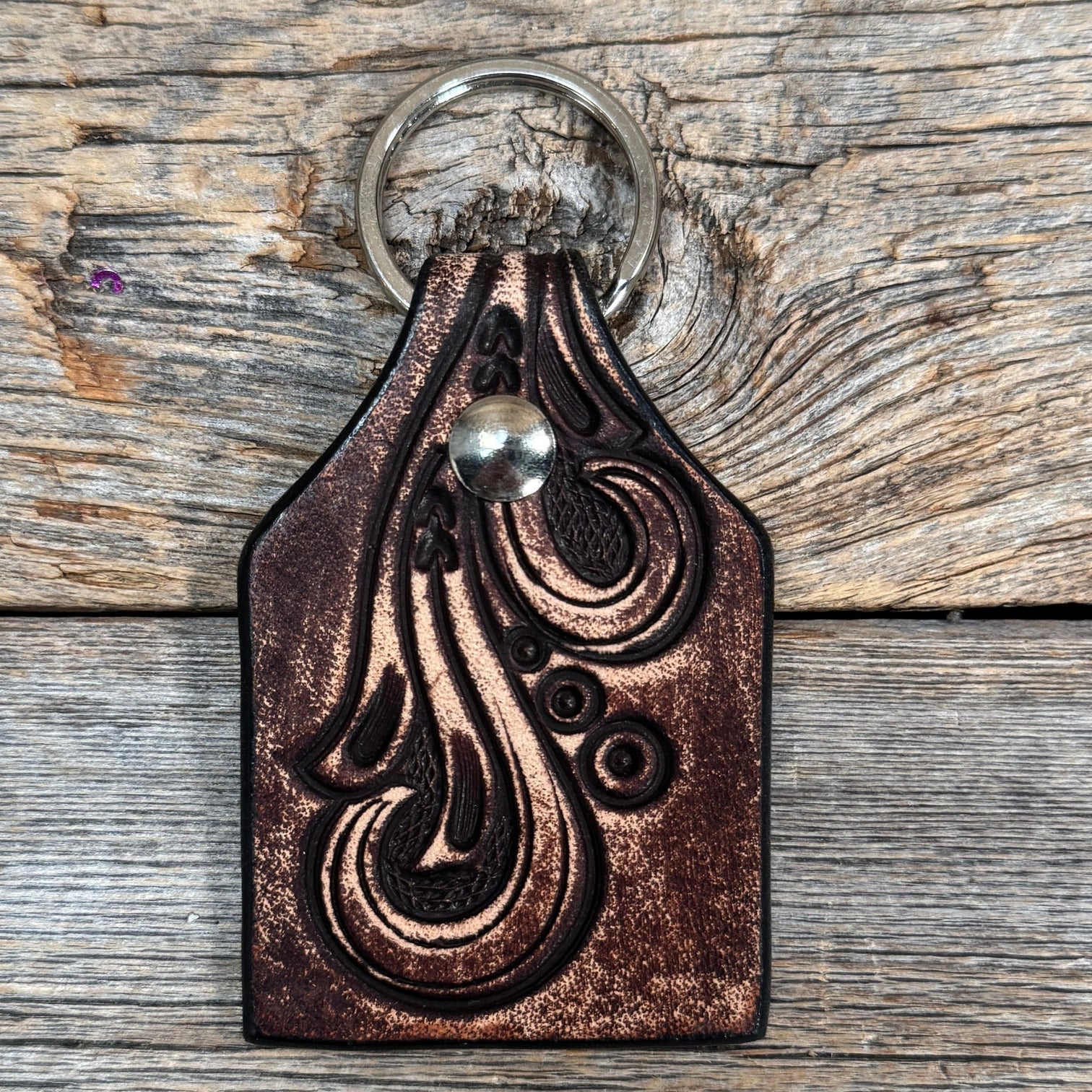Rodeo Drive Floral Tooled Cow Tag Key Chain KC931