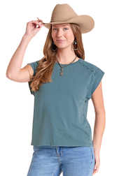 Rock & Roll Cowgirl Women's Teal Studded Tee LW21T09694