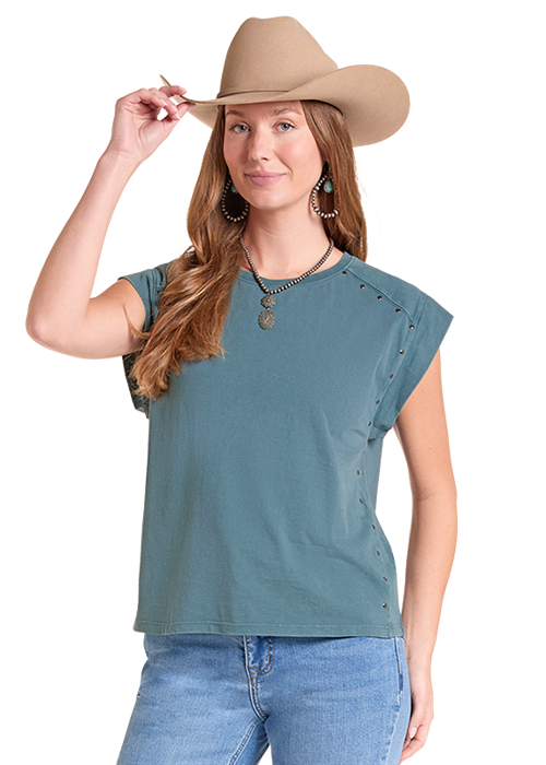 Rock & Roll Cowgirl Women's Teal Studded Tee LW21T09694