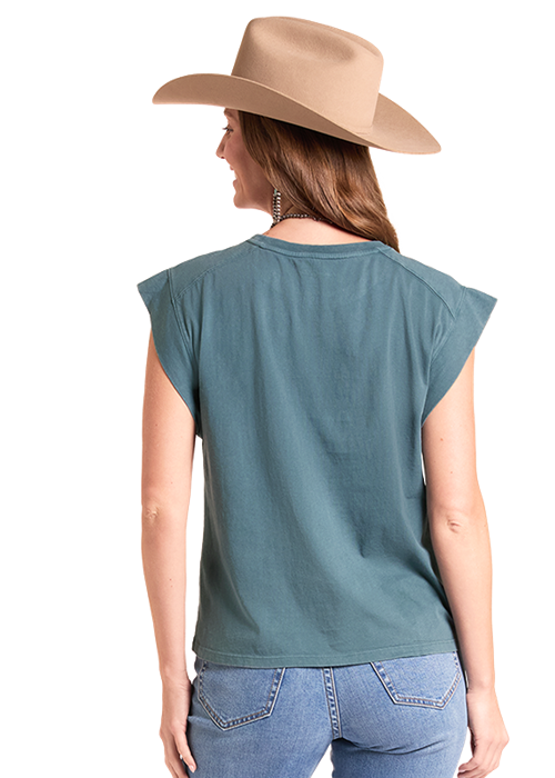 Rock & Roll Cowgirl Women's Teal Studded Tee LW21T09694