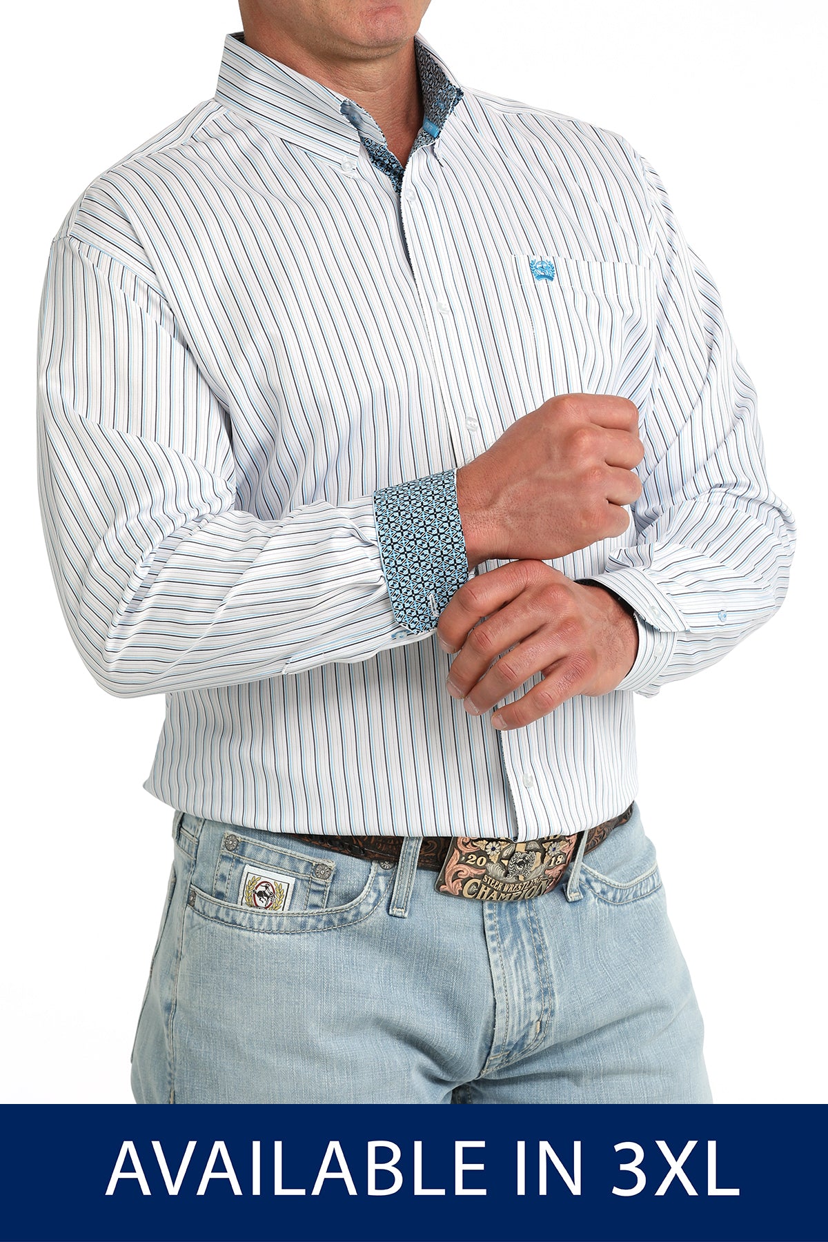 Cinch Men's Striped Blue Long Sleeve Shirt Plus MTW106085X