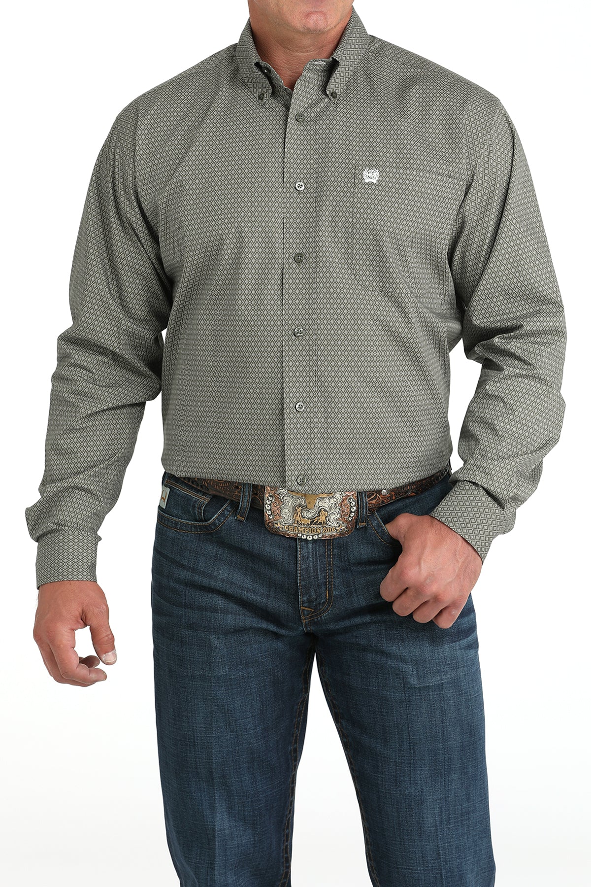 Cinch Men's Olive Geometric Button Down Shirt MTW1105981