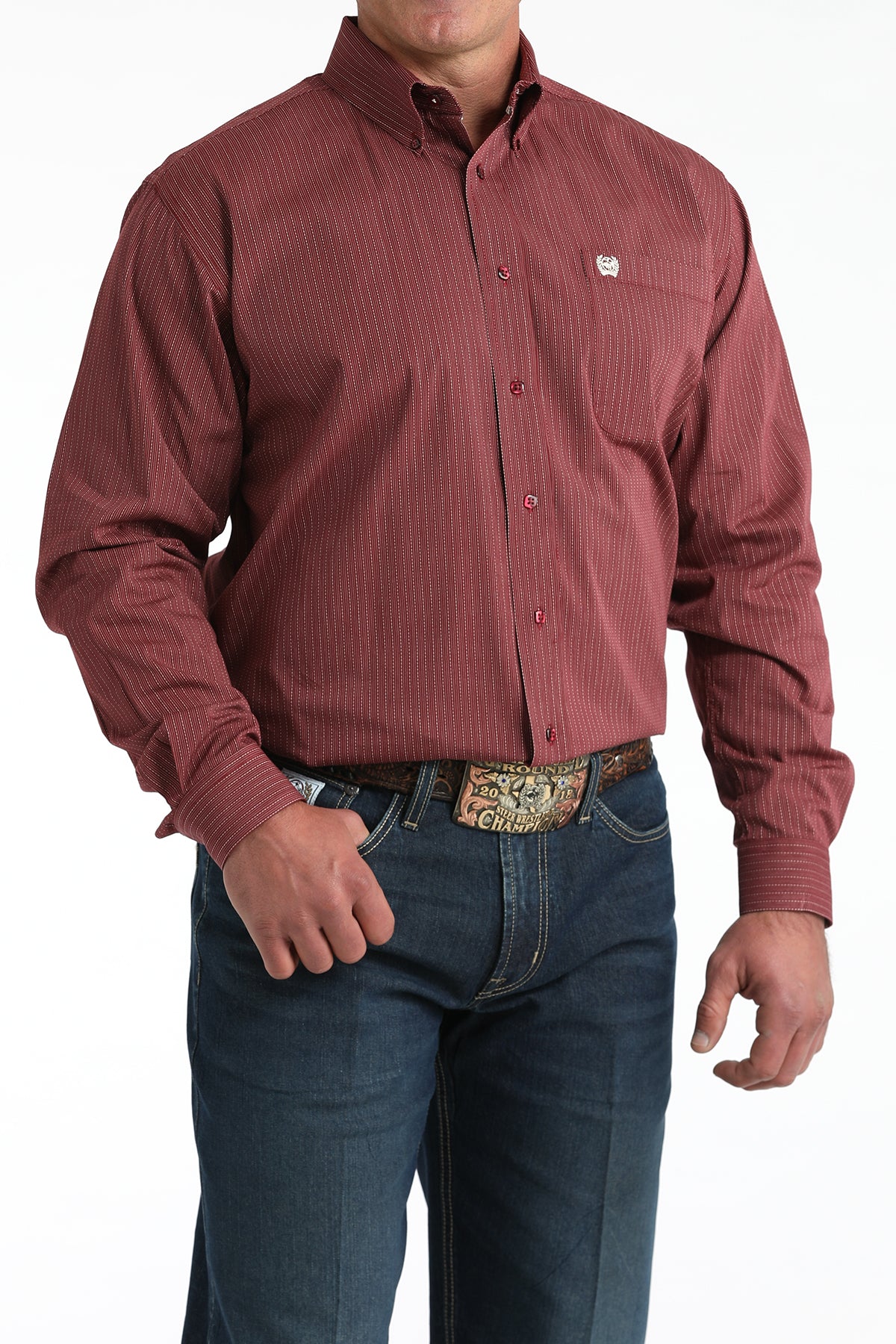 Cinch Men's Burgundy Striped Long Sleeve Shirt MTW1106026