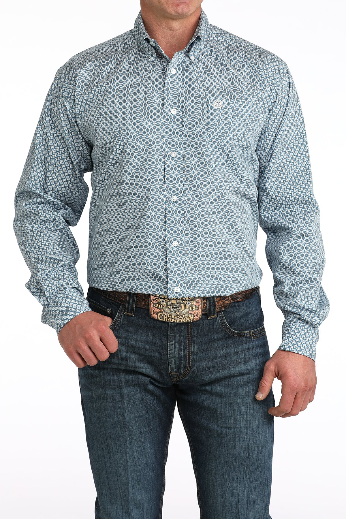 Cinch Men's Blue Patterned Long Sleeve Shirt MTW1106048