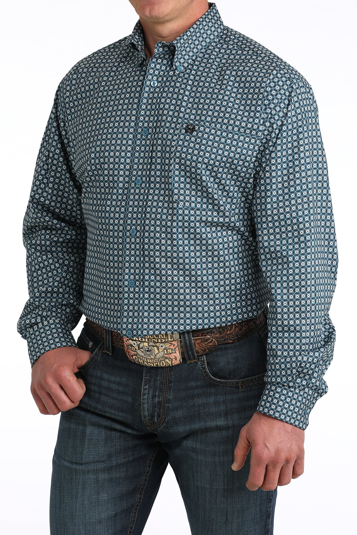 Cinch Men's Blue Printed Long Sleeve Shirt MTW1106049