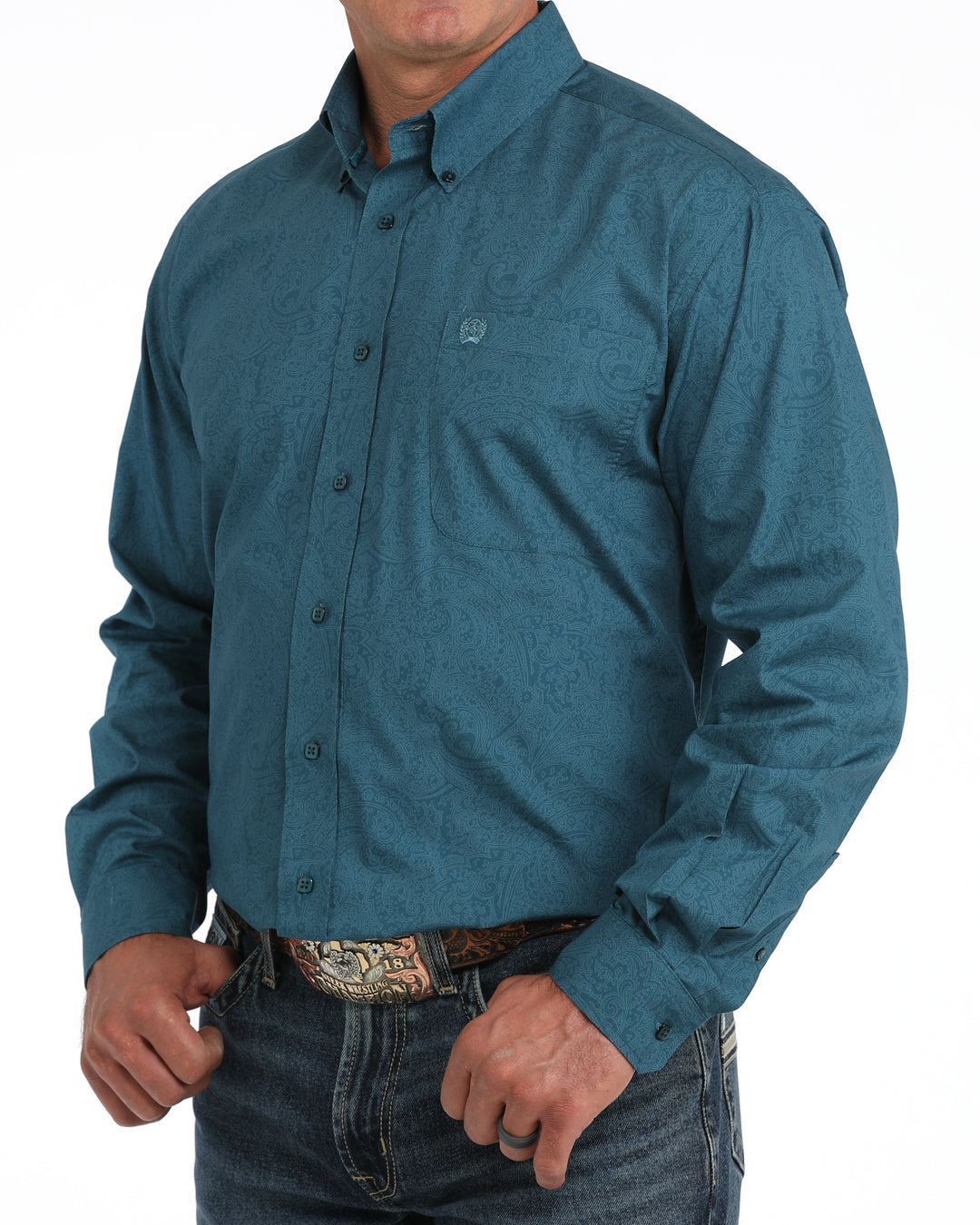 Cinch Men's Teal Paisley Printed Long Sleeve Shirt MTW1106169