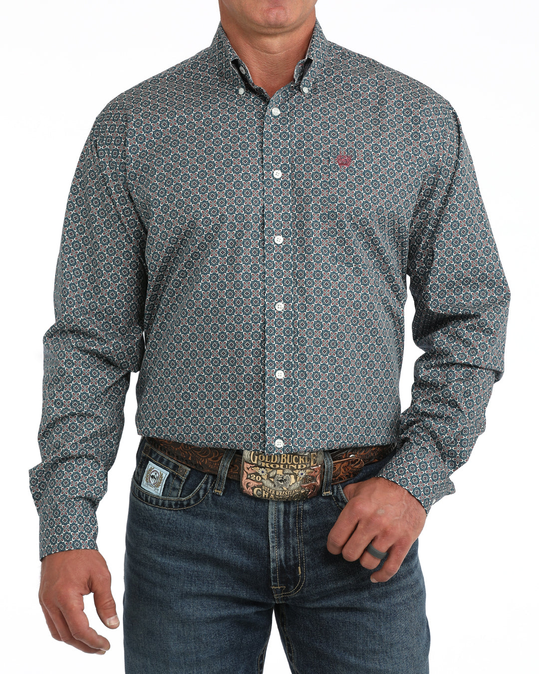 Cinch Men's Blue Geometric Printed Long Sleeve Shirt MTW1106170