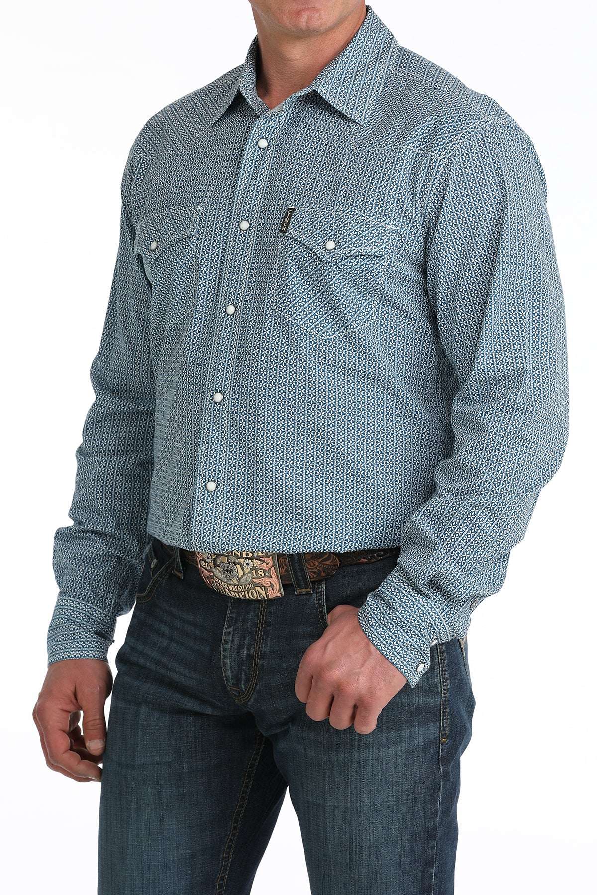 Cinch Men's Blue Printed Modern Fit Long Sleeve Shirt MTW1303102