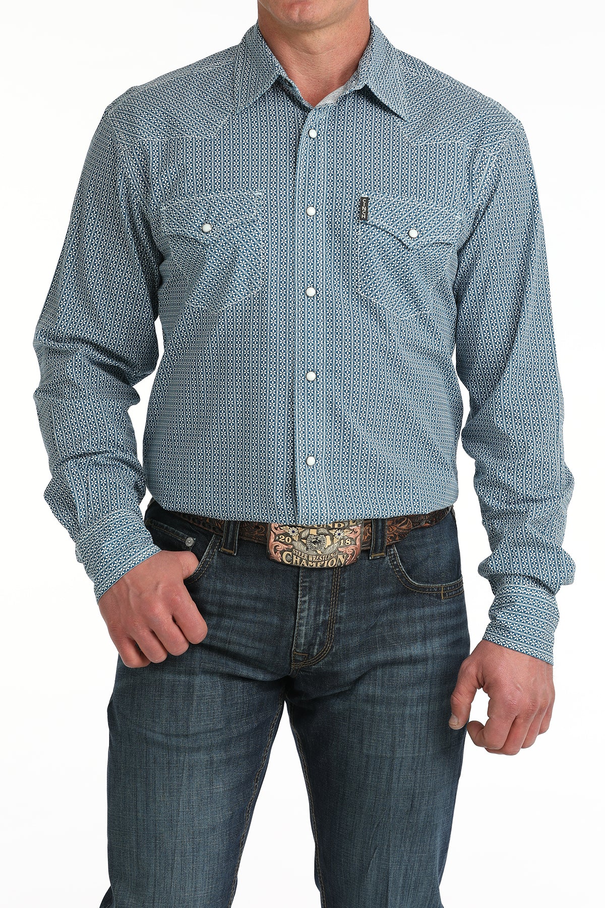 Cinch Men's Blue Printed Modern Fit Long Sleeve Shirt MTW1303102