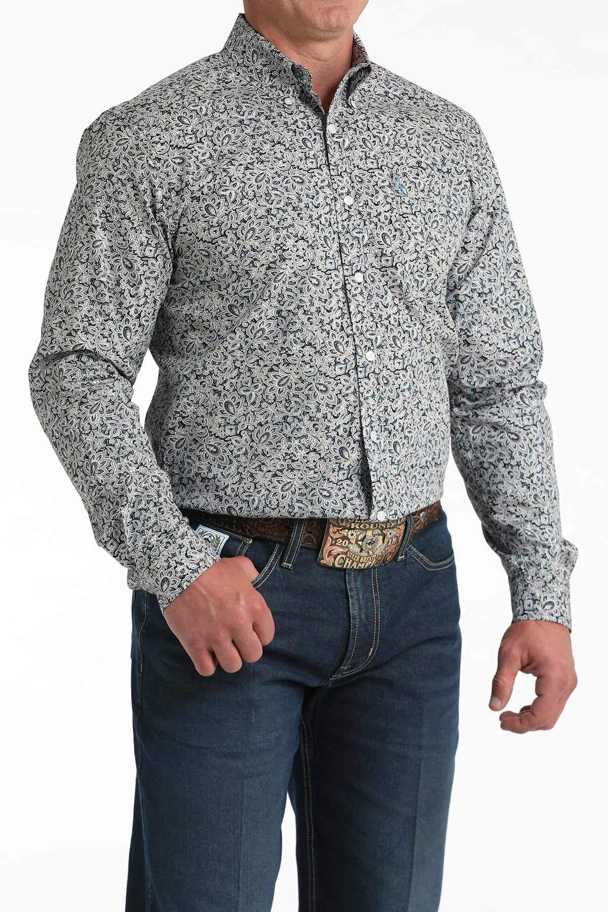 Cinch Men's Grey Floral Print Modern Fit Shirt MTW1347144