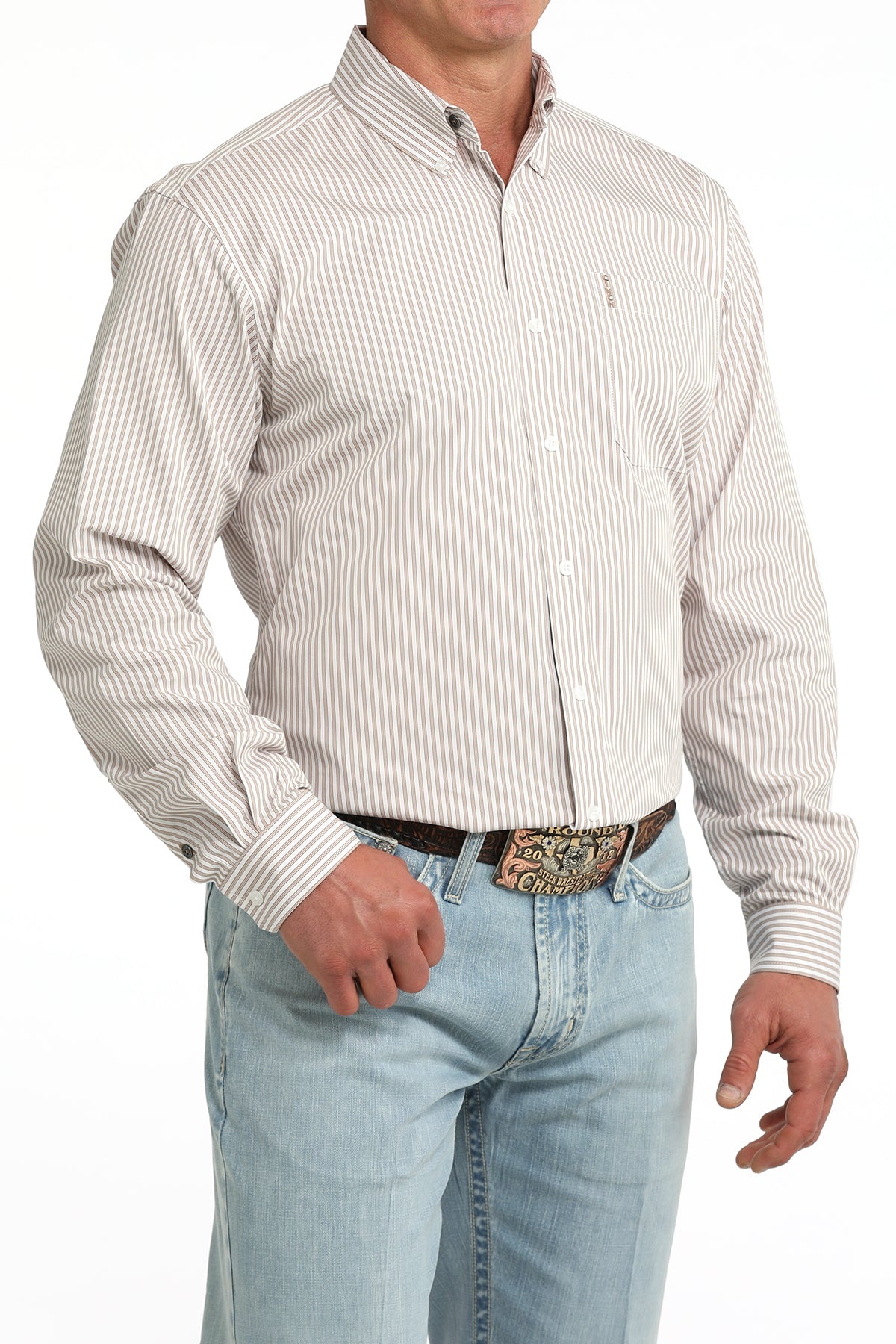 Cinch Men's Khaki Striped Long Sleeve Shirt MTW1347157