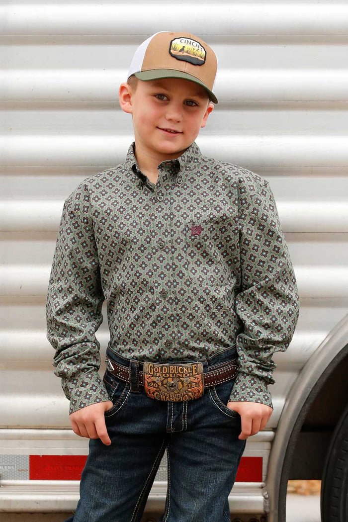 Cinch Boy's Olive Printed Button Down Shirt MTW7060392