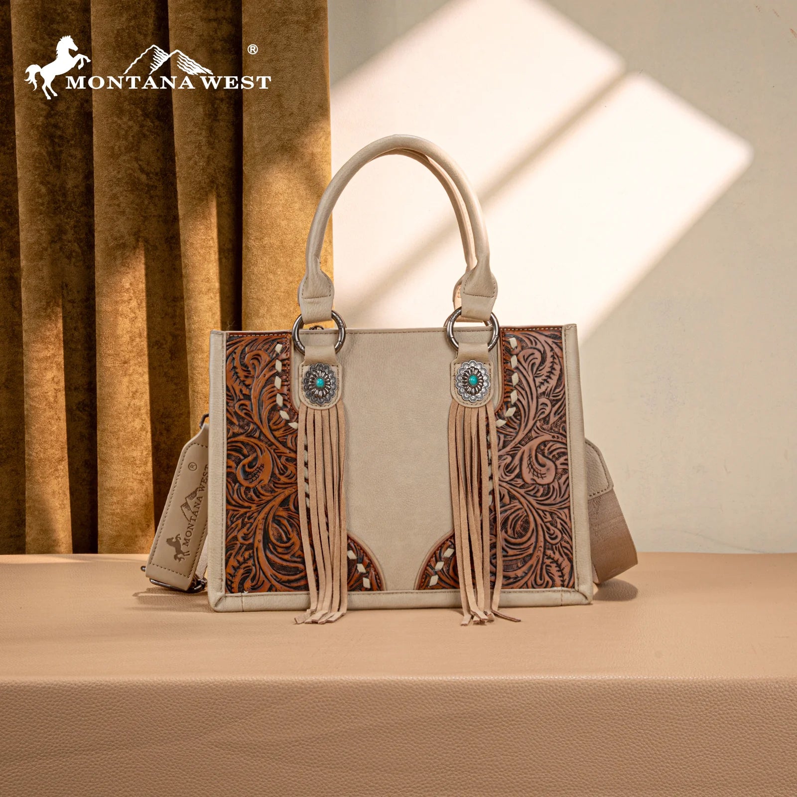 Montana West Tooled Concho Tote/Crossbody MW1339-2002TAN