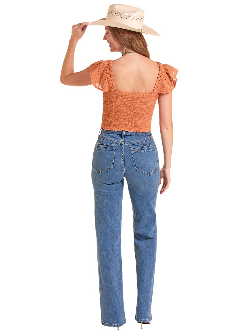 Rock & Roll Denim Women's Eyelet Flutter Sleeve Top BW20T08771