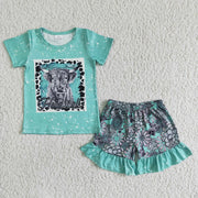Aier Girls Cow Tee with Ruffle Shorts C15-4