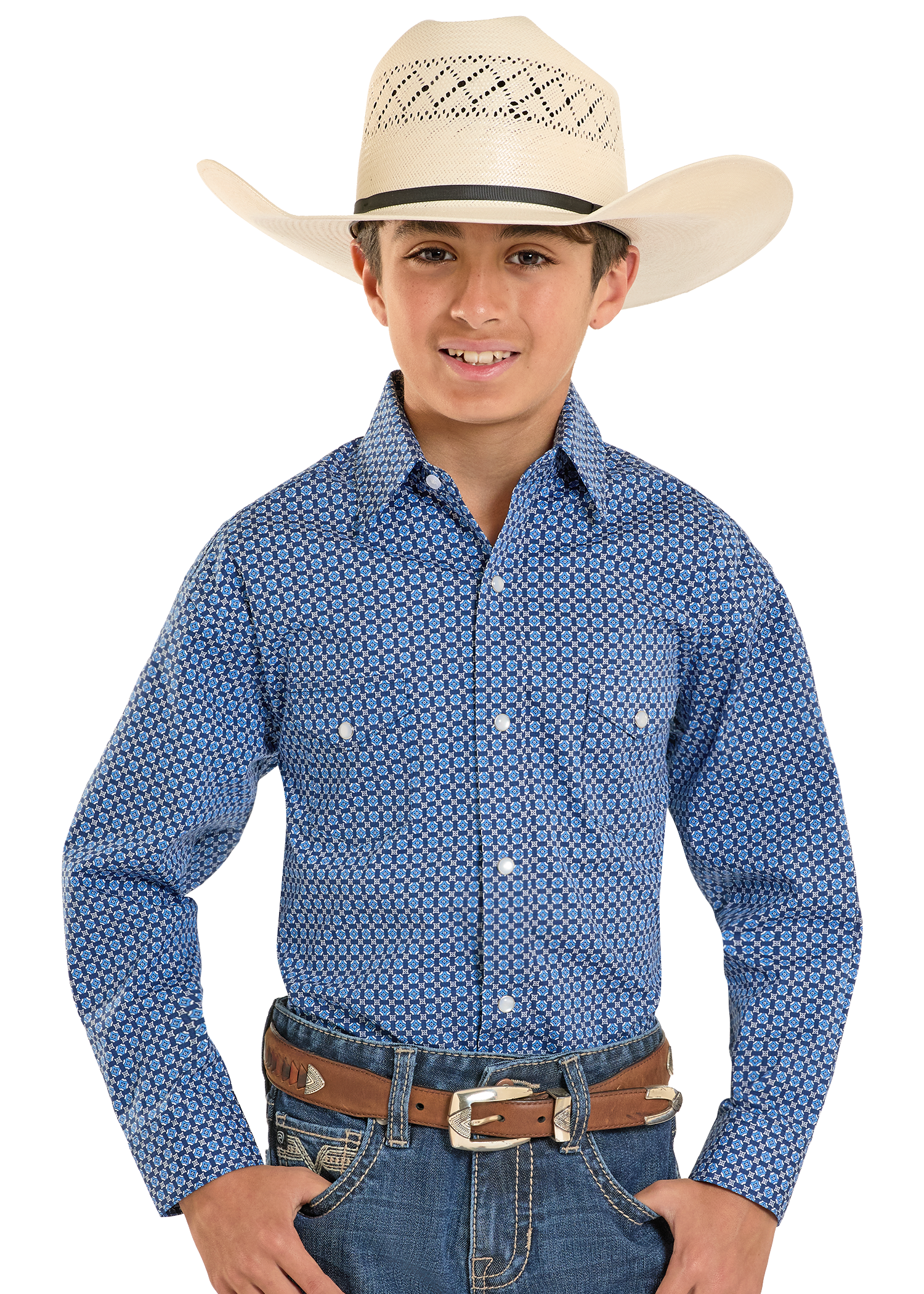 Panhandle Boy's Blue Patterned Long Sleeve Shirt RBN2S08268