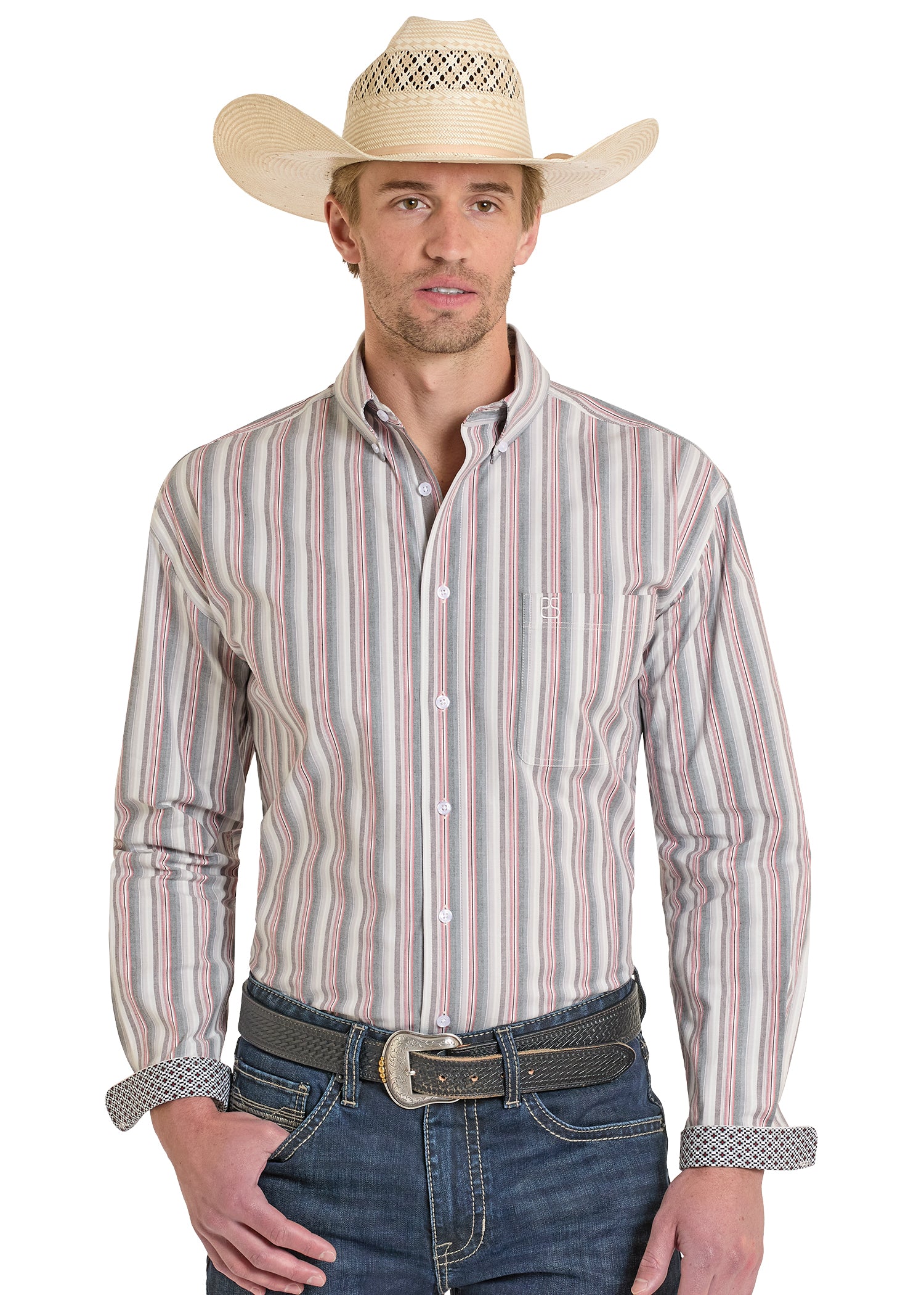Rough Stock Men's Maroon Dobby Stripe Button Down Shirt RMB2S08249