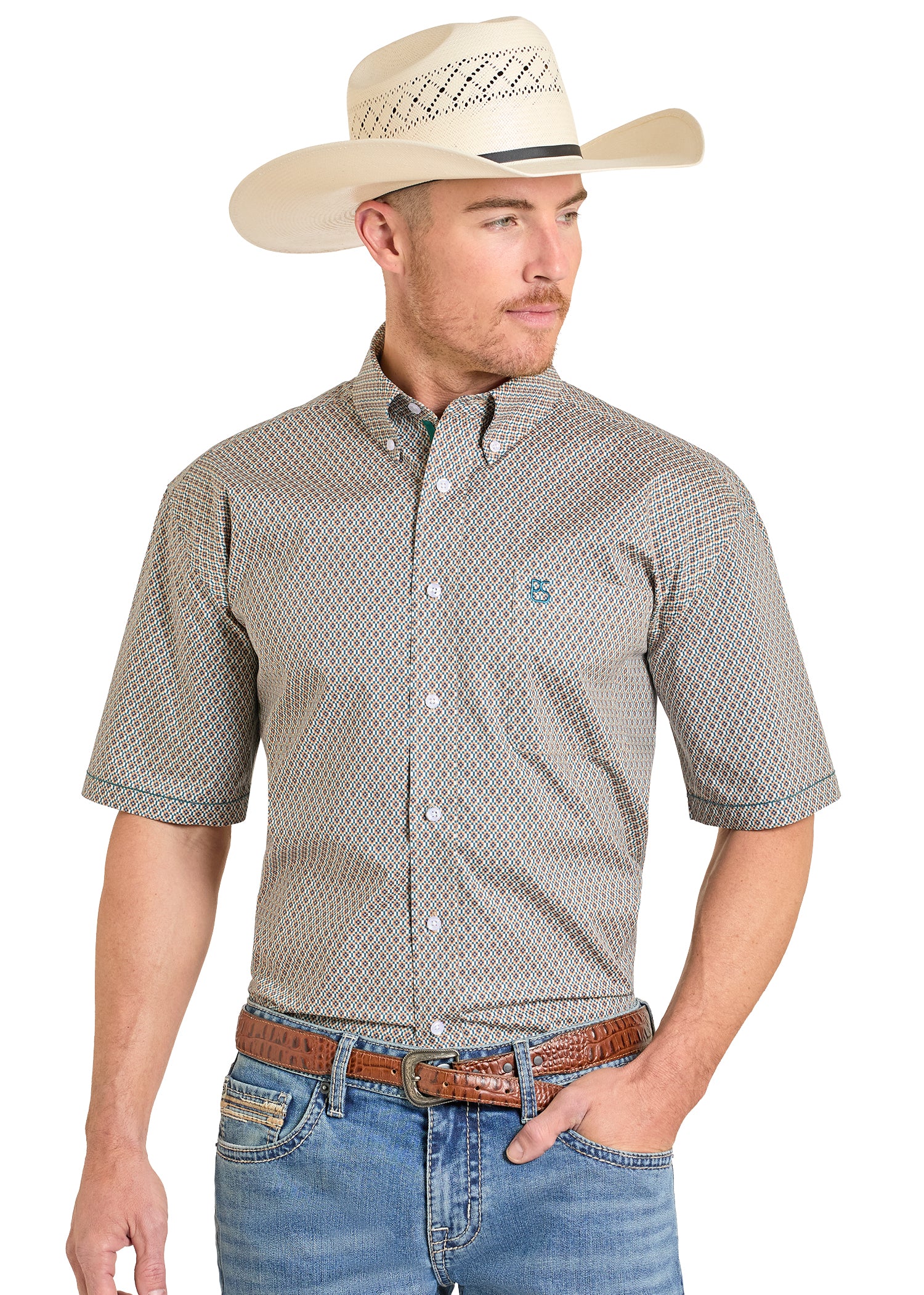 Rough Stock Men's Tan Digital Geo Button Down Shirt RMB3S08244