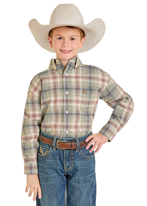 Panhandle Slim Boy's Taupe Ombre Plaid Button Down Shirt #SBB2S07413