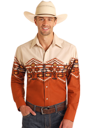 Rock & Roll Cowboy Aztec Border Print Snap Front Shirt