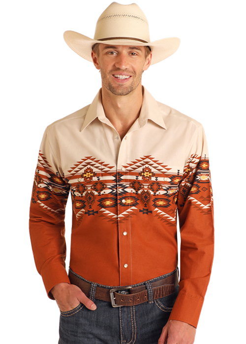 Rock & Roll Cowboy Aztec Border Print Snap Front Shirt