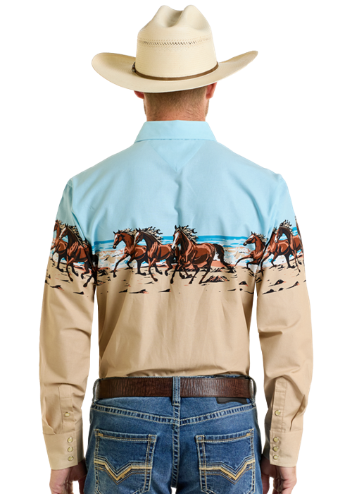 Panhandle Men's Horses & Beach Border Print Snap Front Shirt
