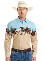 Panhandle Men's Horses & Beach Border Print Snap Front Shirt
