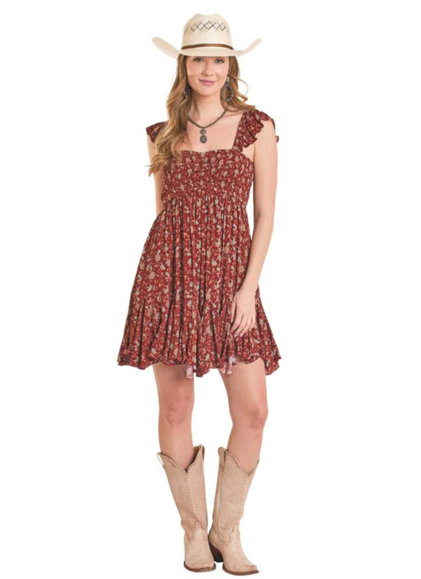 Rock & Roll Cowgirl Women's Godet Floral Print Mini Dress BWD0R08132