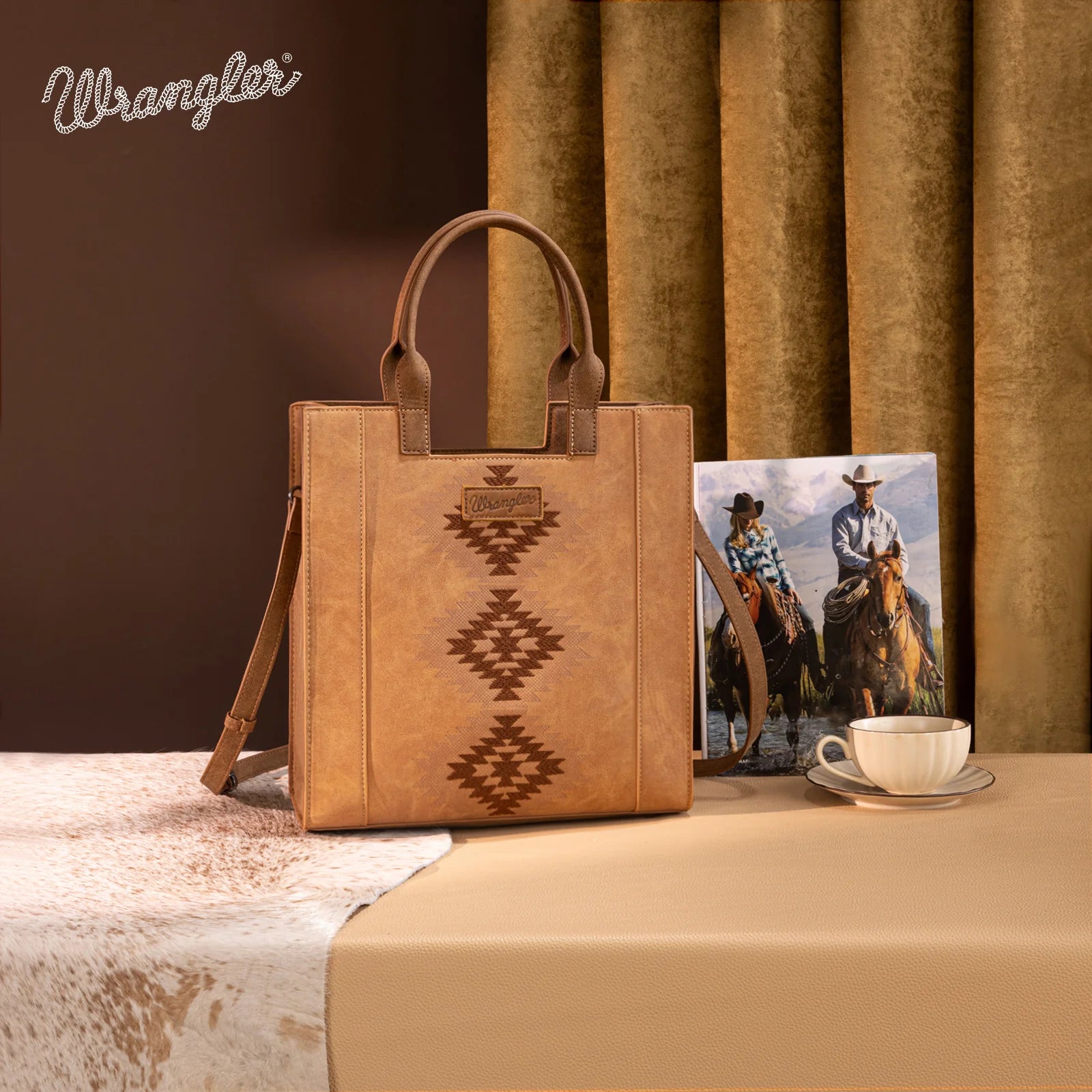Wrangler Aztec Embroidered Tote Bag/Crossbody WG218-8900BROWN
