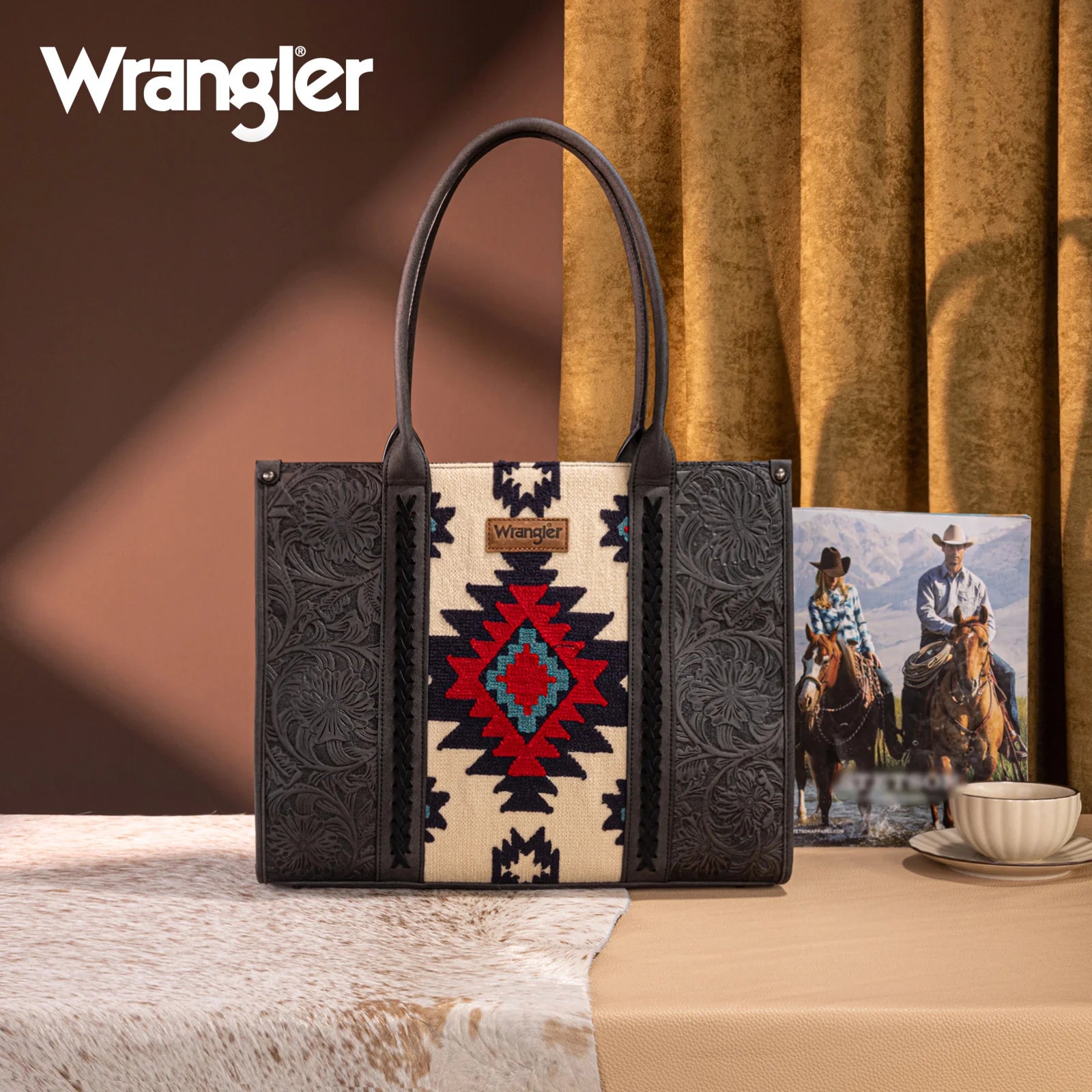 Wrangler Tooled Aztec Pattern Print Concealed Carry Large Tote WG226G-8119 BLACK