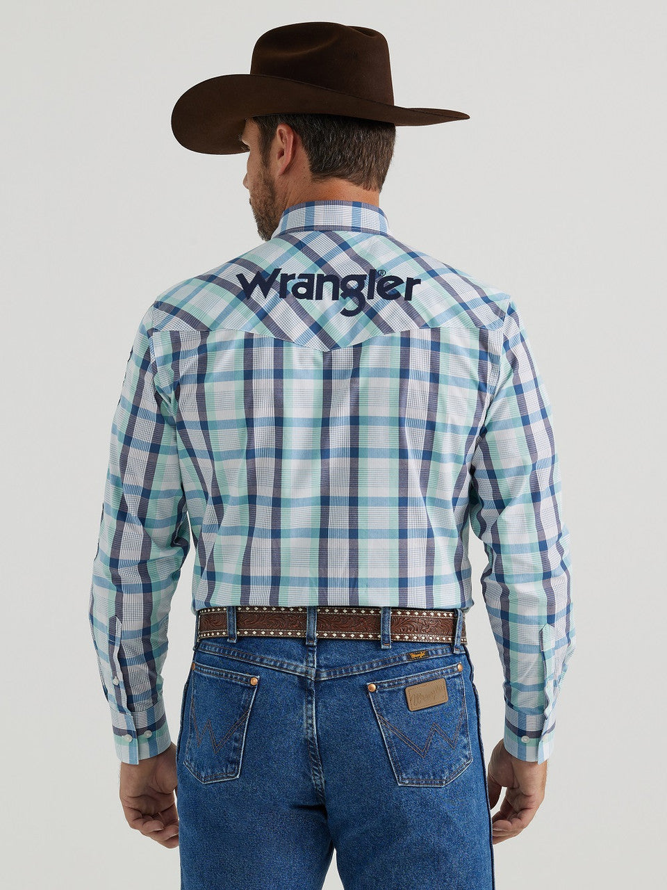 Wrangler Men's Turquoise Plaid Logo Shirt 112344431