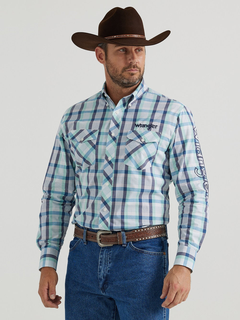 Wrangler Men's Turquoise Plaid Logo Shirt 112344431