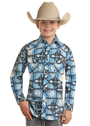 Rock & Roll Denim Boy's Blue Aztec Vintage Stripe Snap Front Shirt VBN2S02518