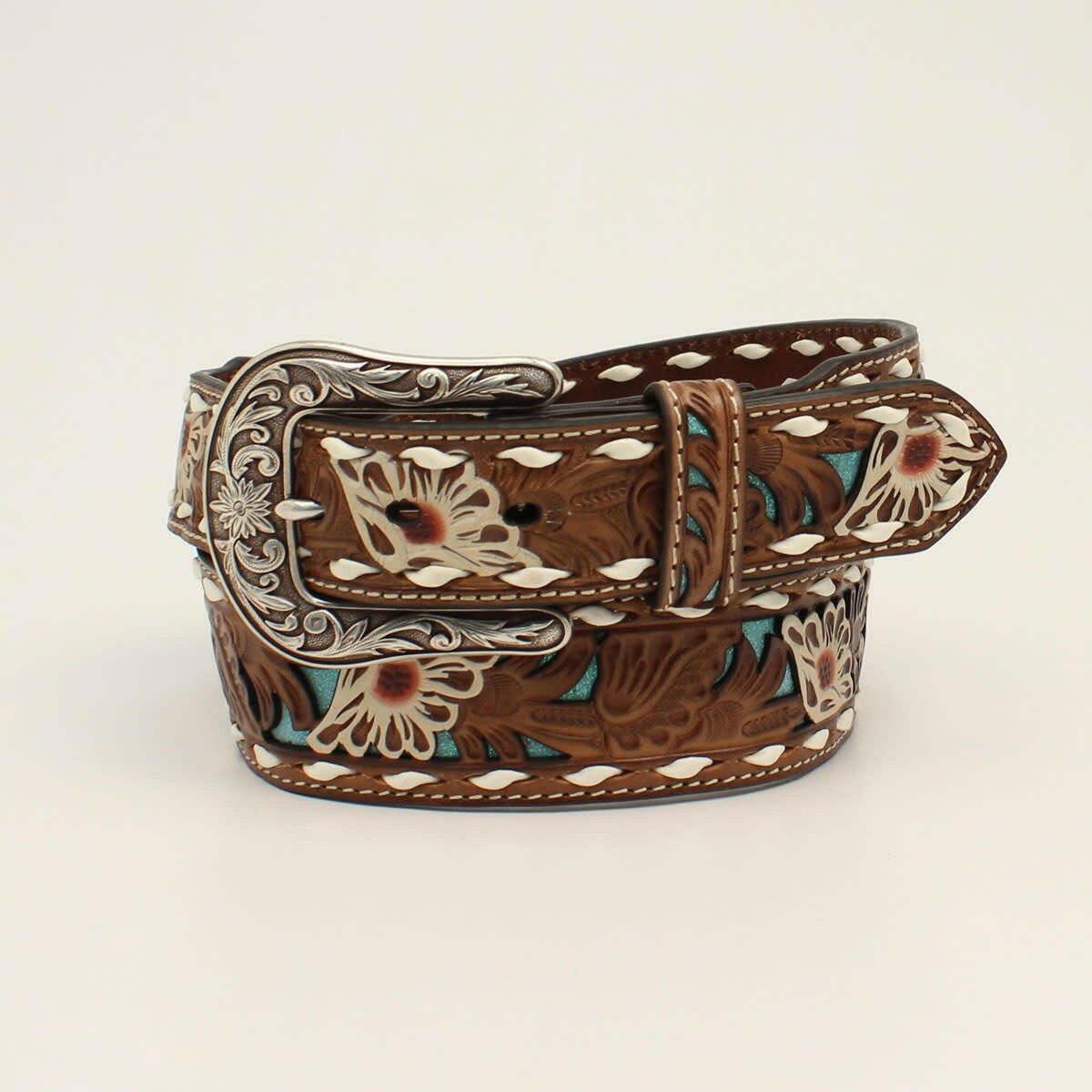 Ariat Women's Floral Belt with Turquoise Underlay.